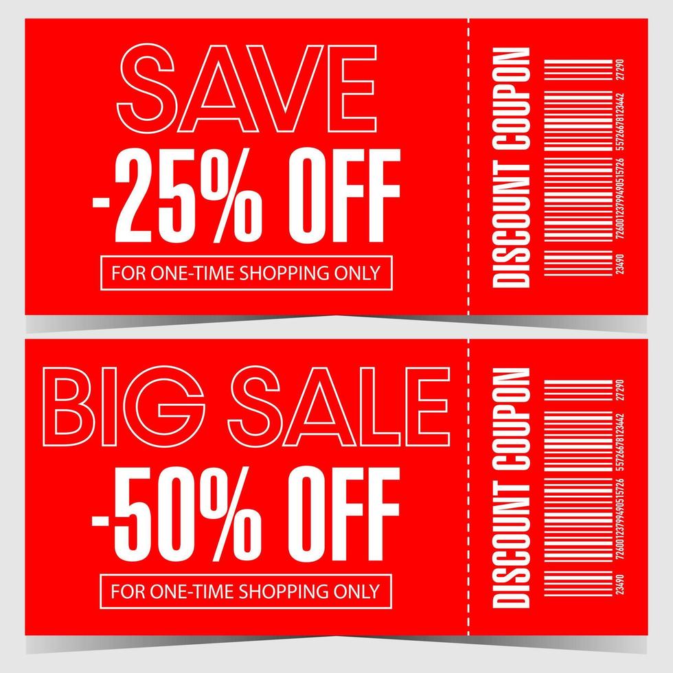 Discount coupon for big sale to save money. Discount voucher or discount certificate with barcode and tear-off part, indication of the rebate percentage on red background. Flat vector illustration.