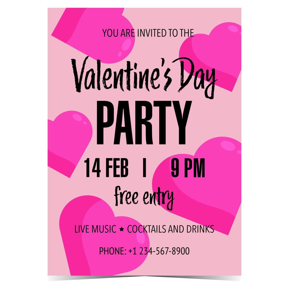 Valentine's Day party banner invitation with pink hearts for celebration of Feast of Saint Valentine on February 14. Romantic party promotion poster. Vector illustration in flat style. Ready to print.