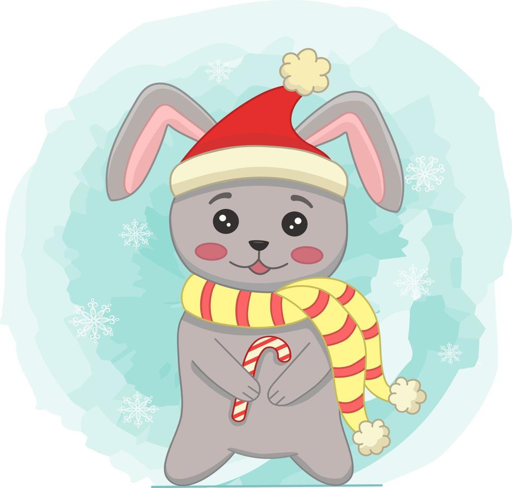 Cute Christmas bunny with candy. Funny Christmas character for design, printing, postcards, posters. Flat cartoon vector illustration on a white background.The symbol of the Chinese New Year 2023.