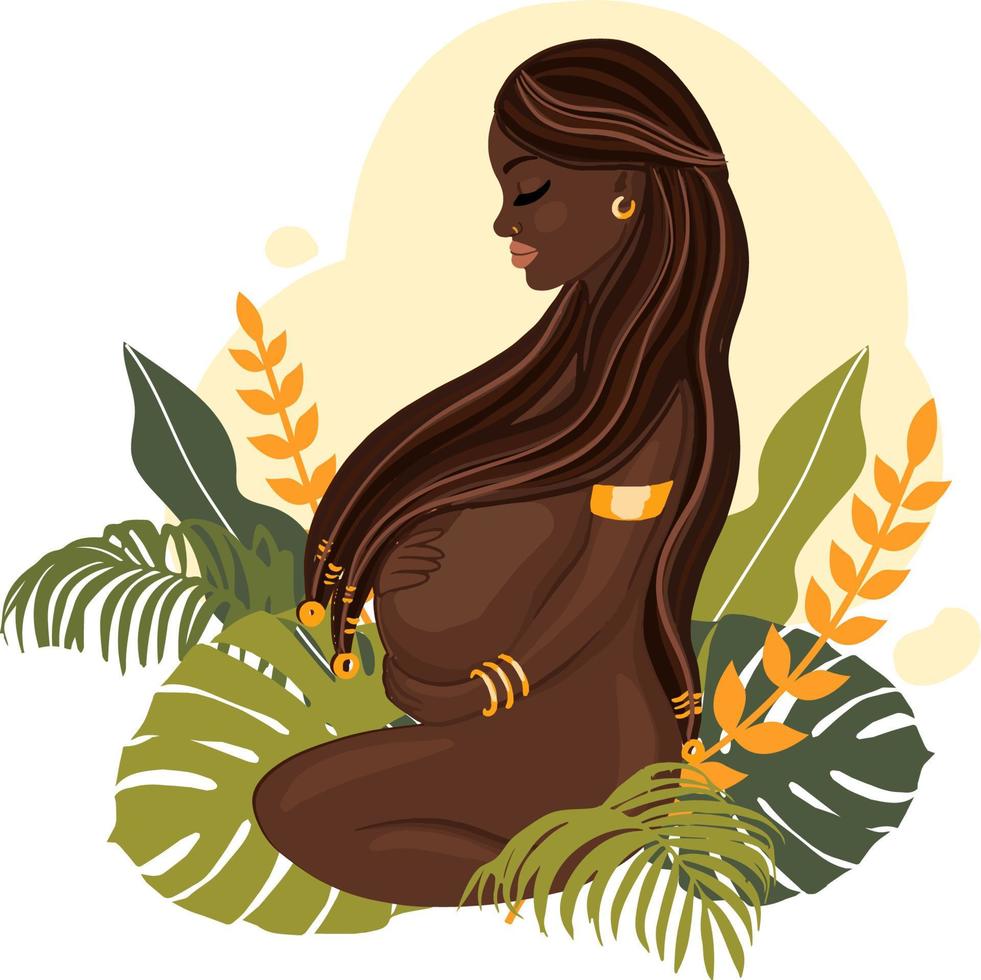 mujer africana embarazada y elementos de la naturaleza. ilustración vectorial aislada sobre fondo blanco vector