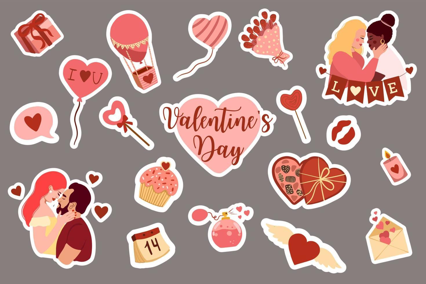Vector cute stickers for Valentine's Day cards. vector flat collection