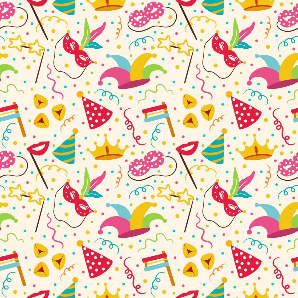 Happy Purim Jewish festival endless background. vector seamless pattern set with carnival elements