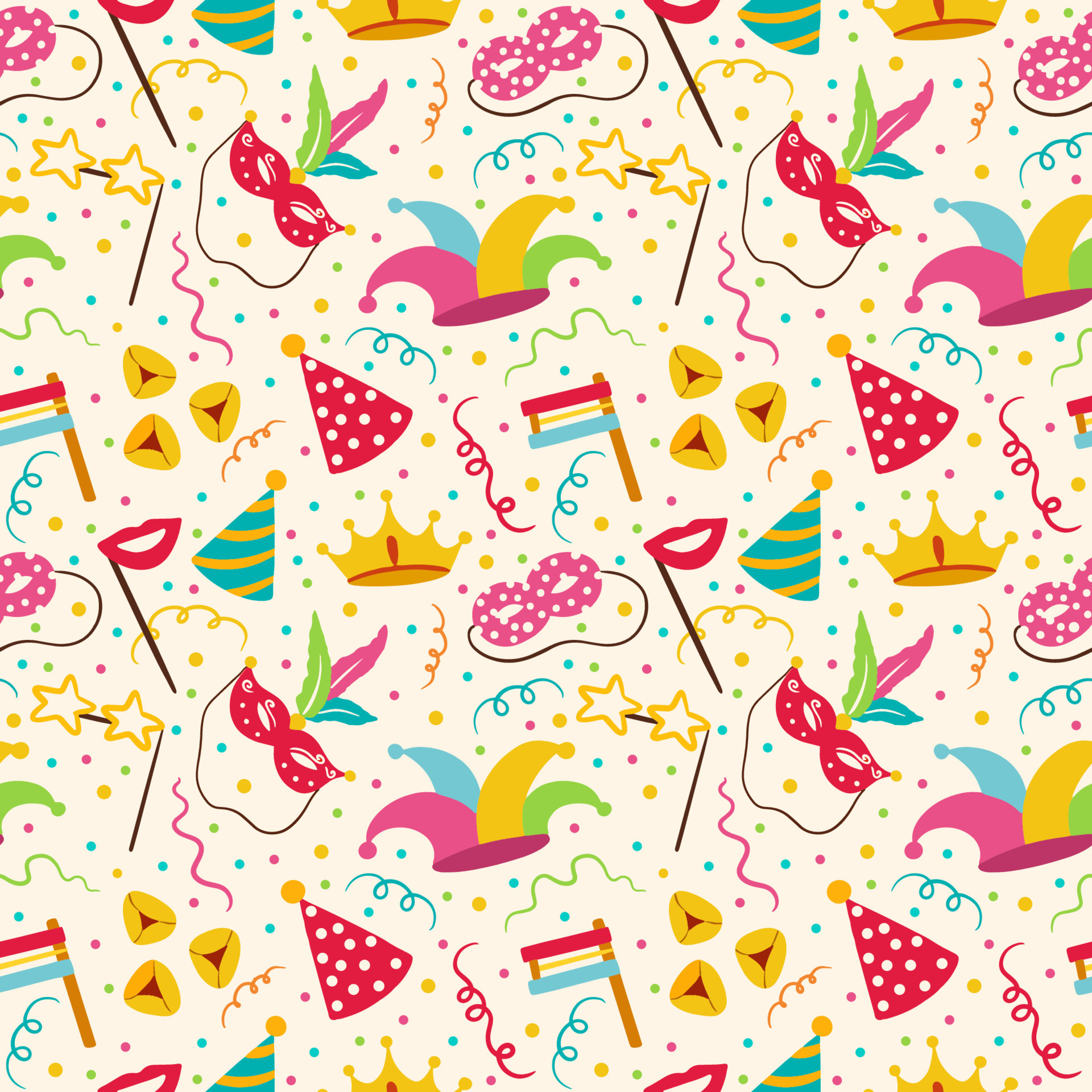 Happy Purim Jewish festival endless background. vector seamless pattern