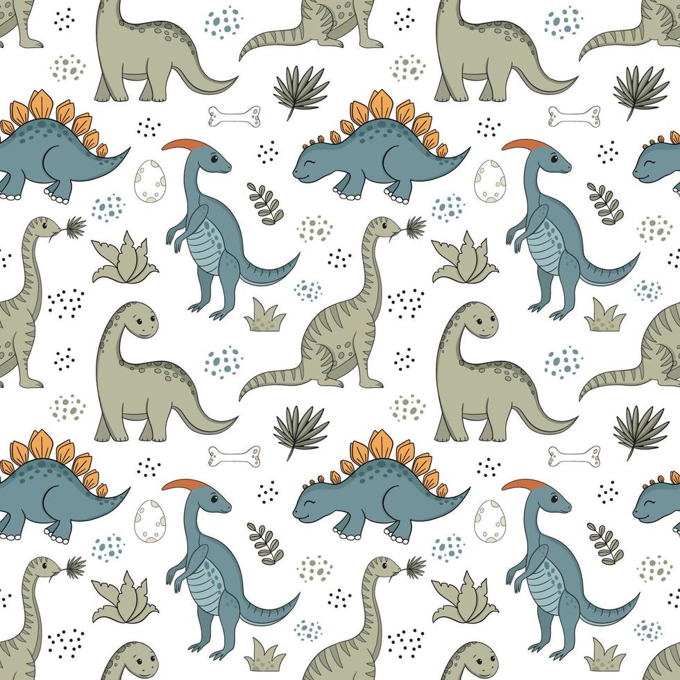 Retro cartoon dinosaur or dino vector seamless pattern