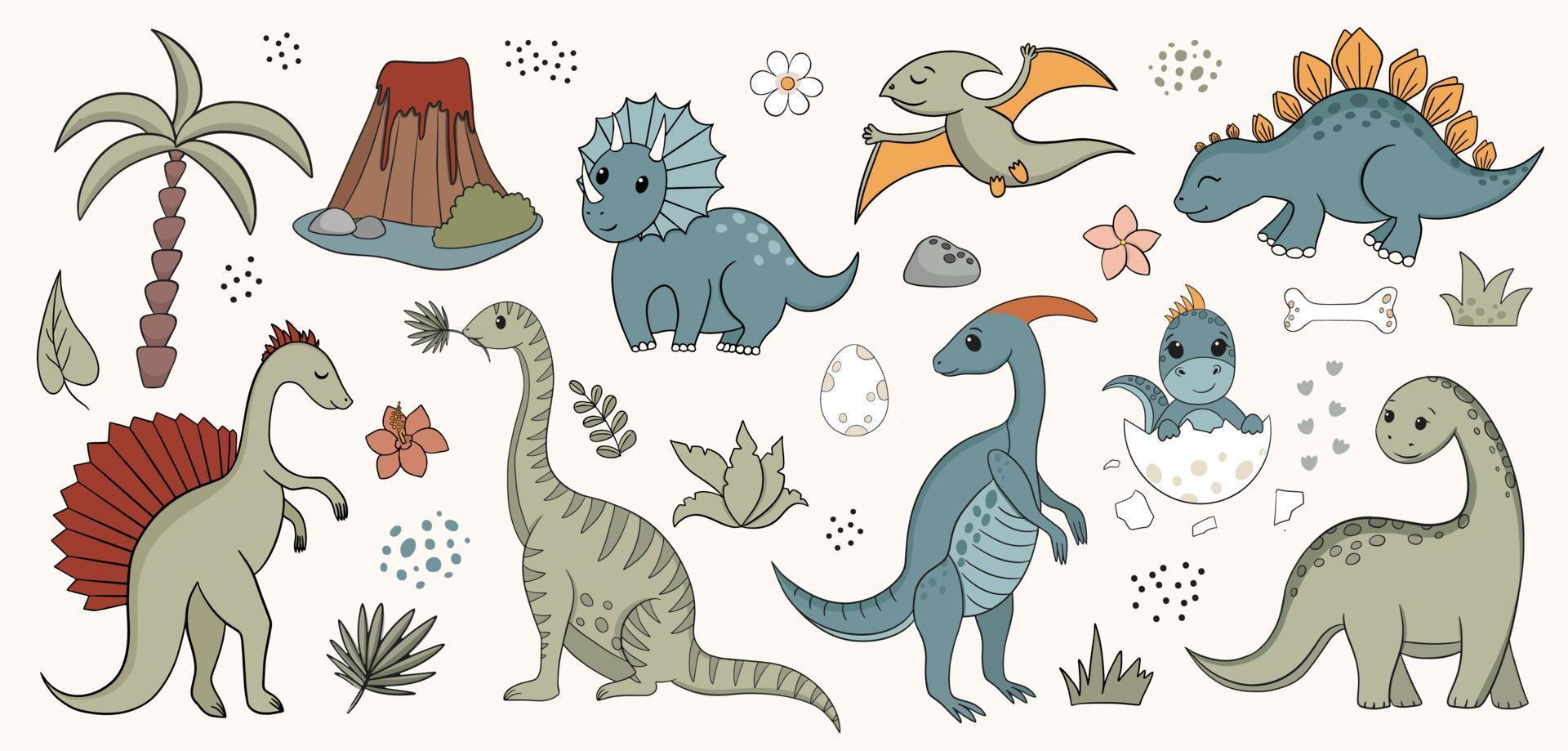 dinosaurio de dibujos animados retro o conjunto de vectores dino