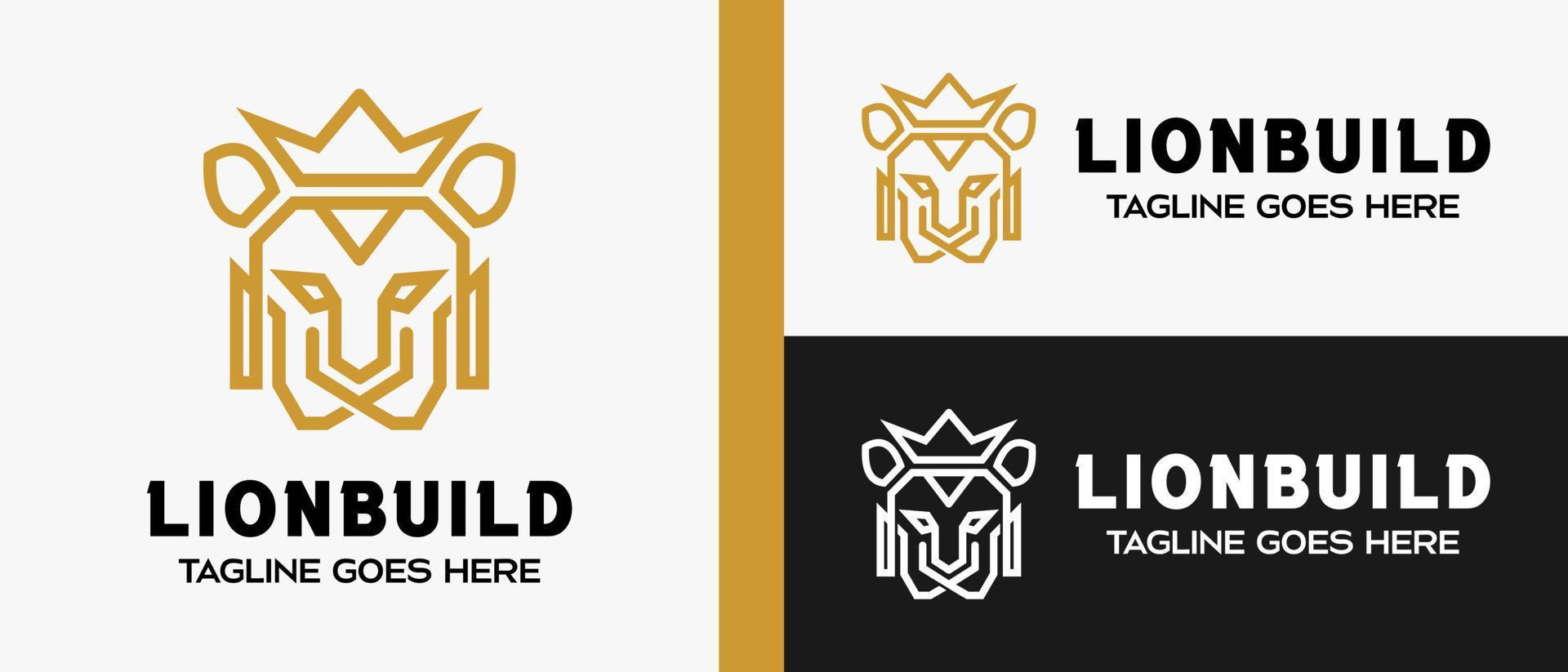 lion head, building and crown logo design template in luxury lines. creative logo for building, construction, hotel, apartment, architect or housing. vector illustration