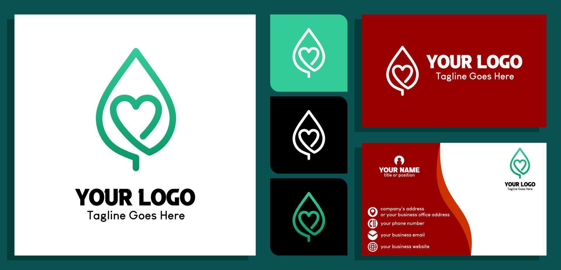 leaf and heart logo design template. Luxury line logotype design. and business card design templates. vector illustration