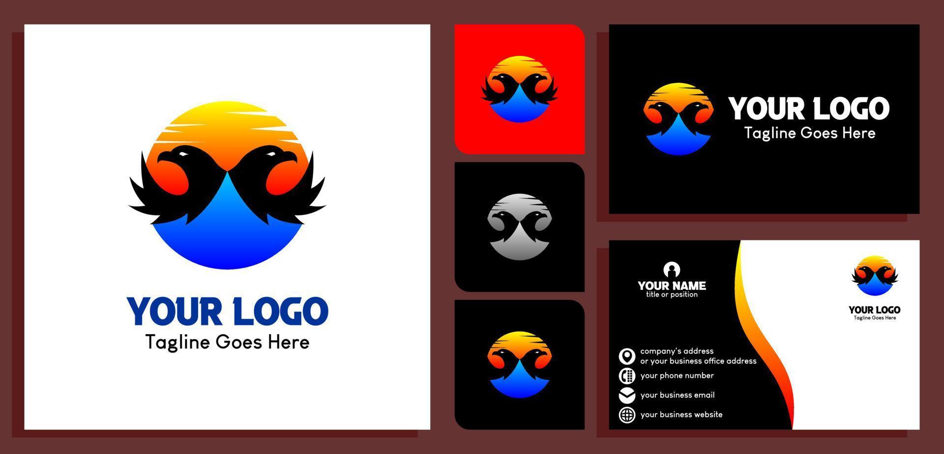 eagle and moon logo design template with sea in circle. business card design templates. vector illustration