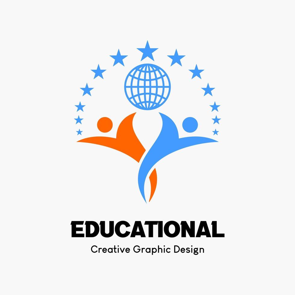 símbolo del logotipo para la educación. icono de dos personas, goble o tierra y estrellas. plantilla de logotipo de vector de educación.