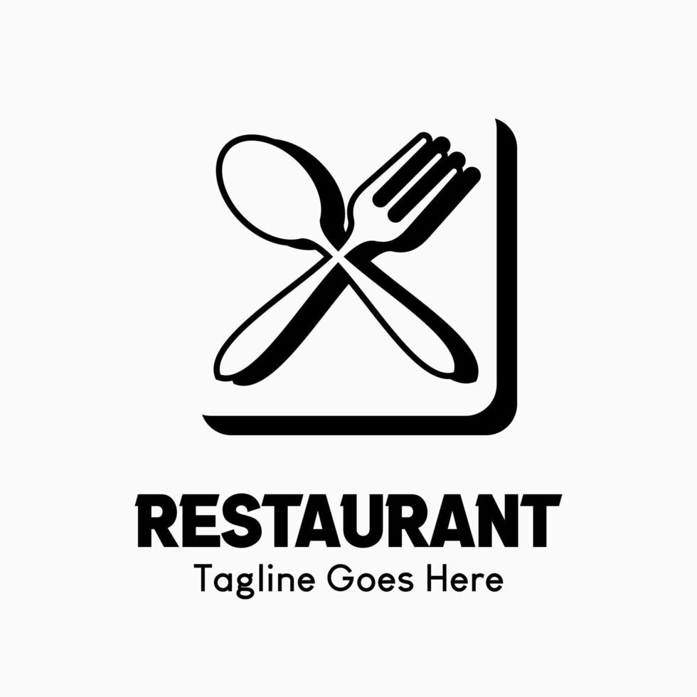 logotipo de vector de restaurante inspirador. logotipo creativo abstracto. icono de cuchara y tenedor en caja en blanco y negro. ilustración de logotipo clásico, vintage y moderno. plantilla de logotipo de empresa comercial.