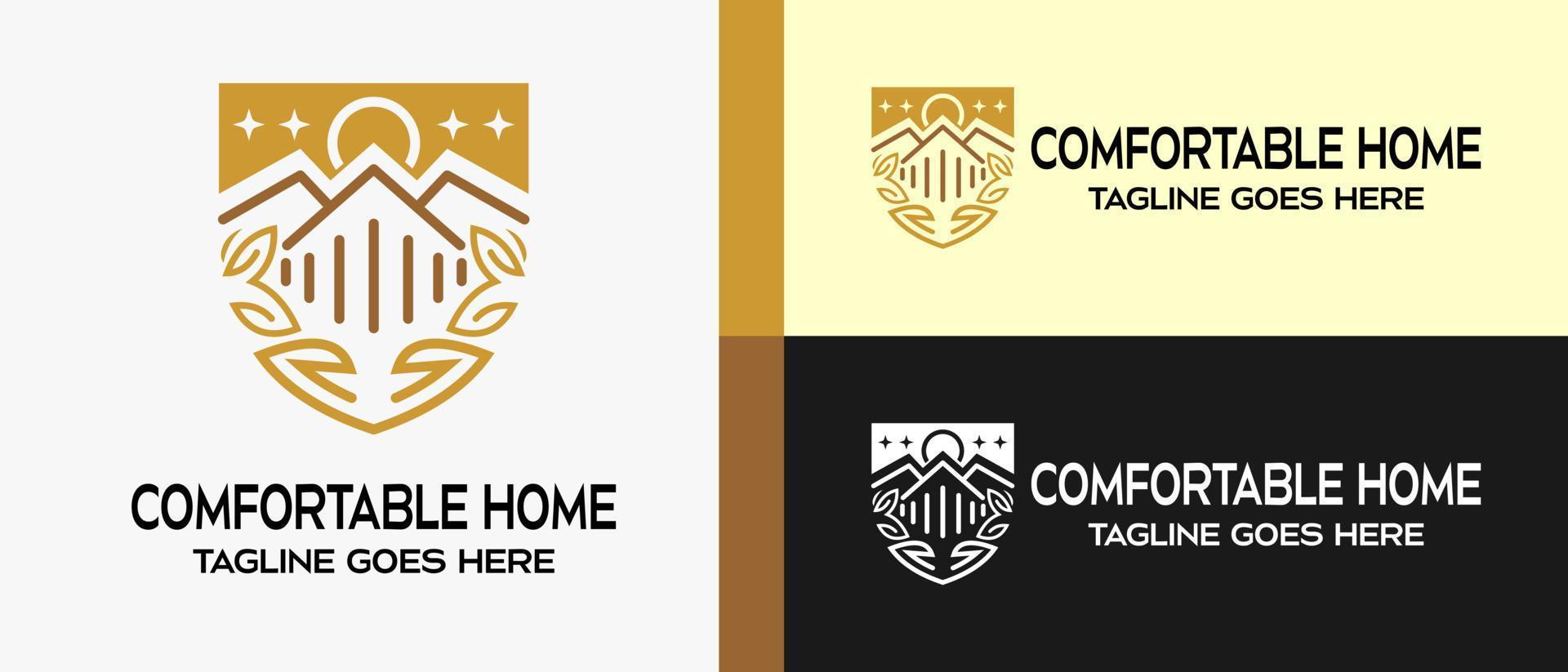building design logo template, leaf, butterfly, star and moon or sun in the form of a shield. creative logo for building, construction, hotel, apartment, architect or housing. vector illustration