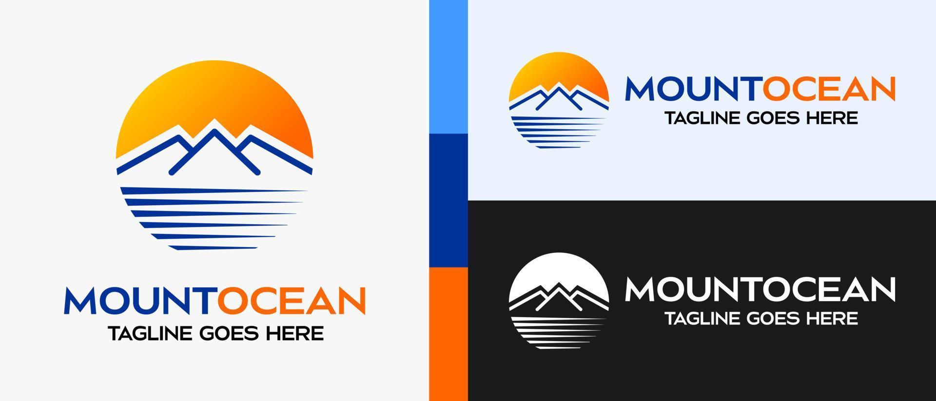 plantilla de logotipo de diseño de montañas sobre lago, playa o mar con luna o sol en círculo. Ilustración de vector de logotipo al aire libre.