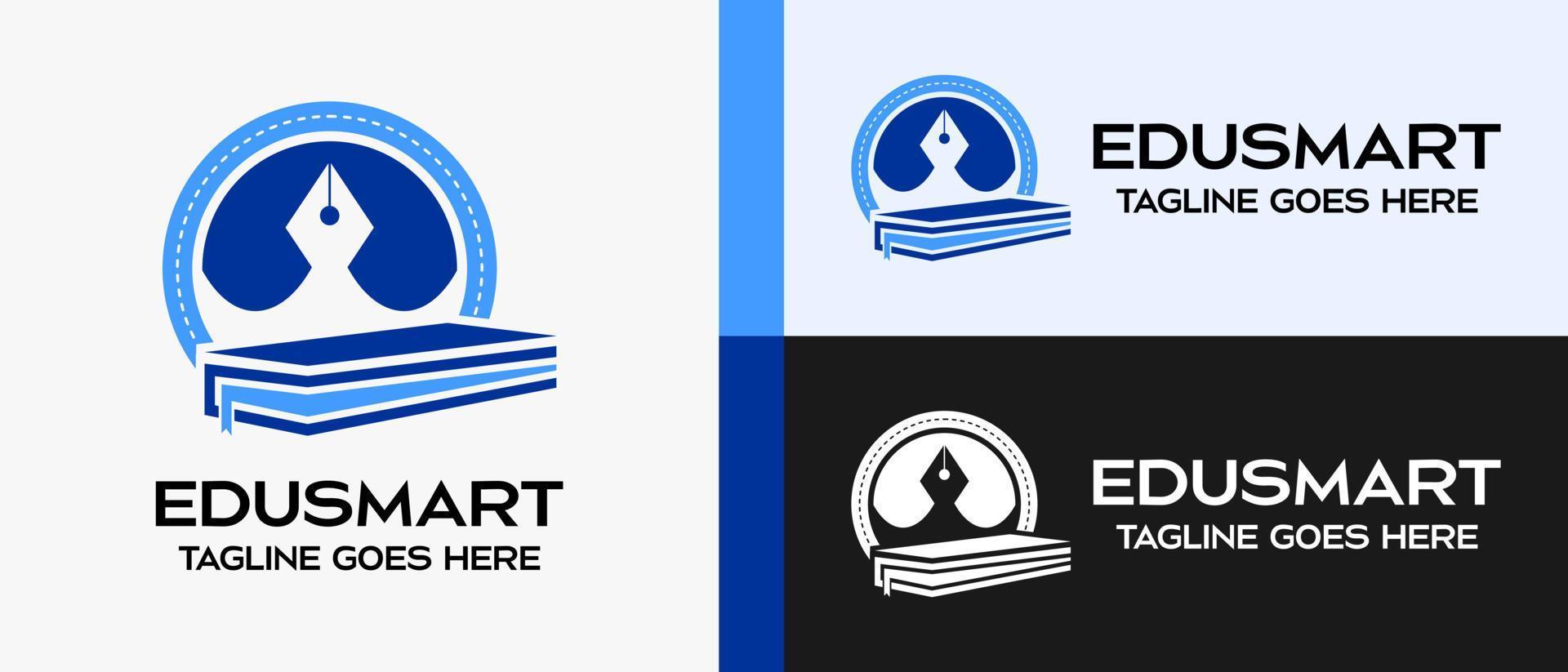 book design logo template with pen in circle. logos for education. vector illustration