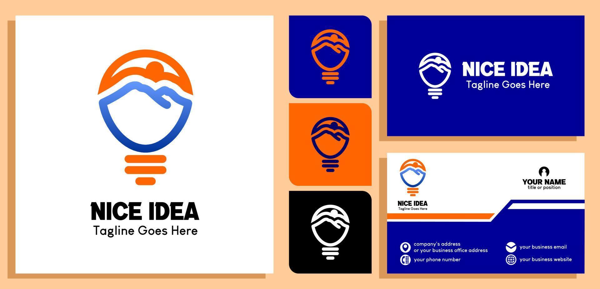 mountain and sun logo design template in light bulb. Luxury line logotype design. and business card design templates. vector illustration