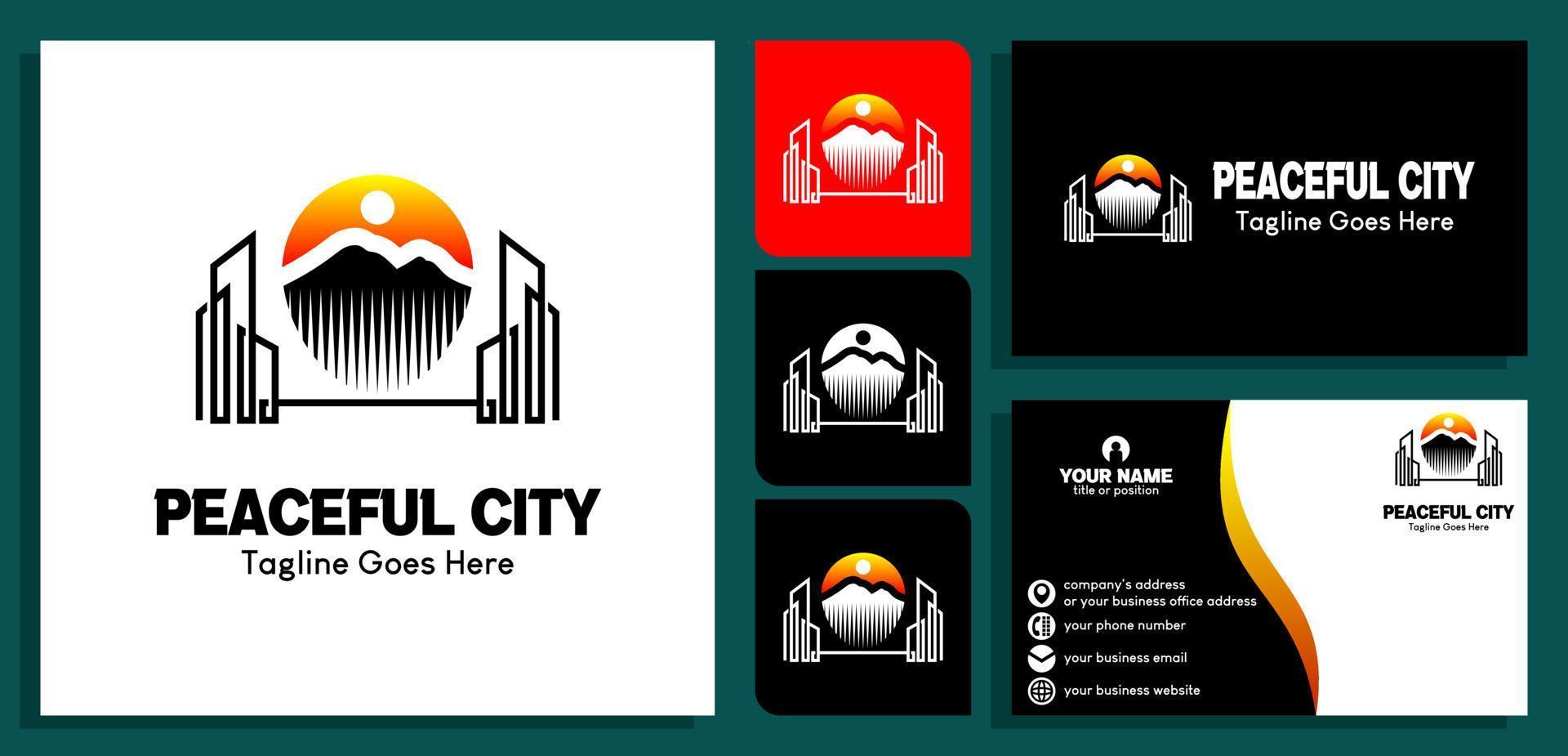 plantilla de diseño de logotipo de construcción de edificios con montañas y sol. y plantillas de diseño de tarjetas de visita. ilustración vectorial vector