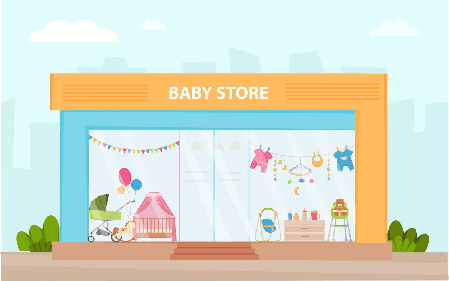 Baby store facade. Modern kids shop vector illustration. Retail trail. Shop window with different products for newborn, babies. kids.