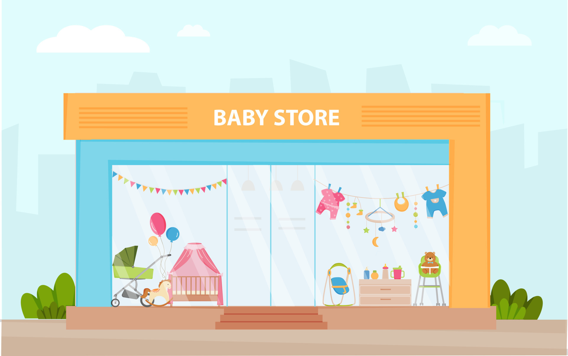 Baby store facade. Modern kids shop vector illustration. Retail trail