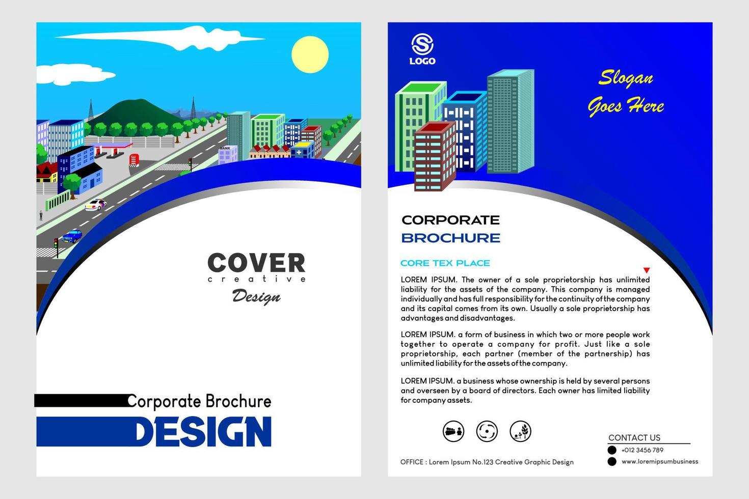 brochure templates, flyers, brochures, cover designs, vector illustration templates in A4 size. brochure for business. blue brochure in round pattern with isometric building and mountains