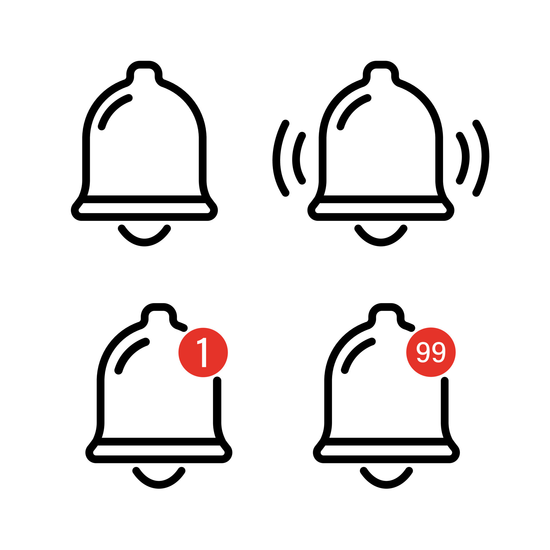 Notification bell icon set. Ringing bell and notification for clock and