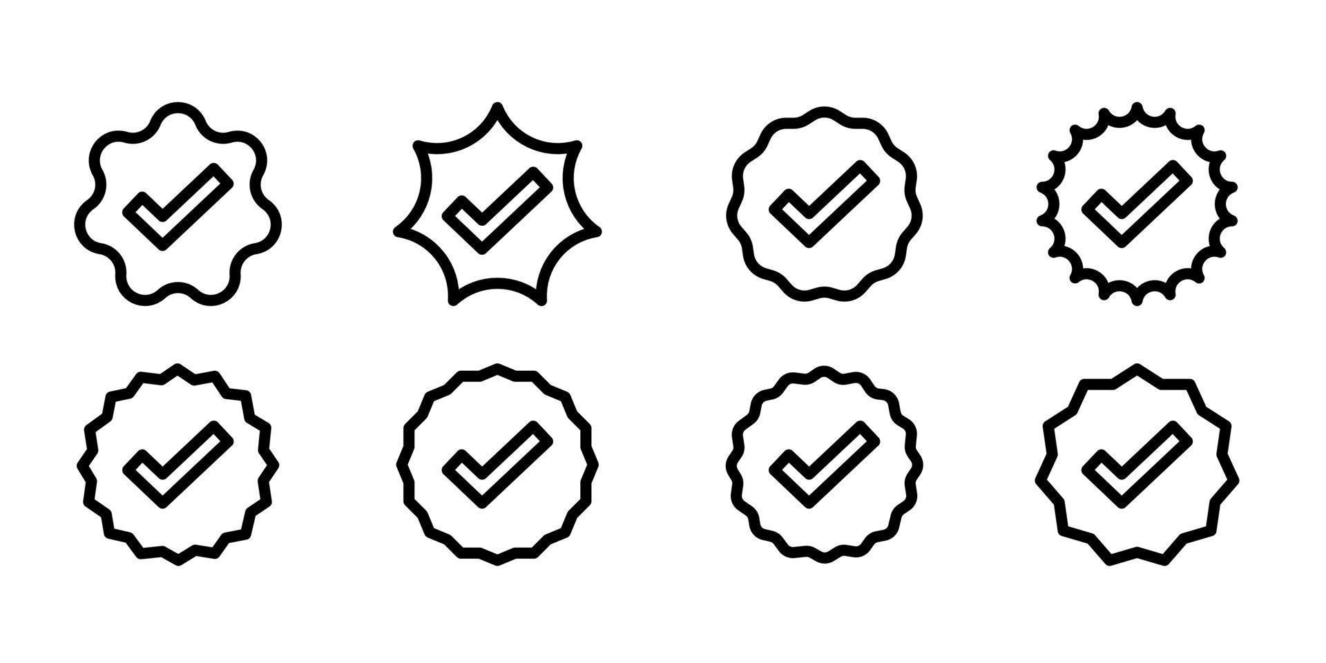 Approved, verified and protected line icons. Guarantee, approval, acceptance and quality vector badges. Isolated vector
