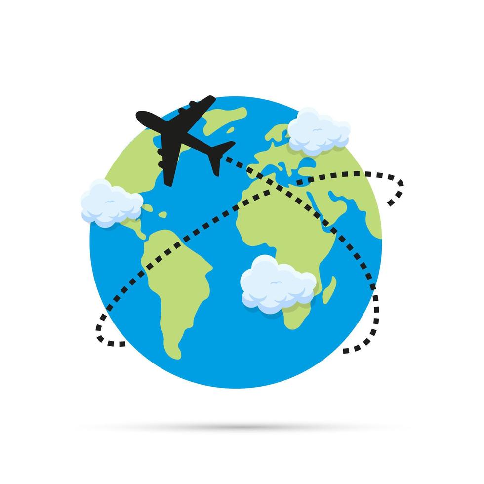 Airplane flying over planet earth icon. Travel concept. Isolated vector illustration.