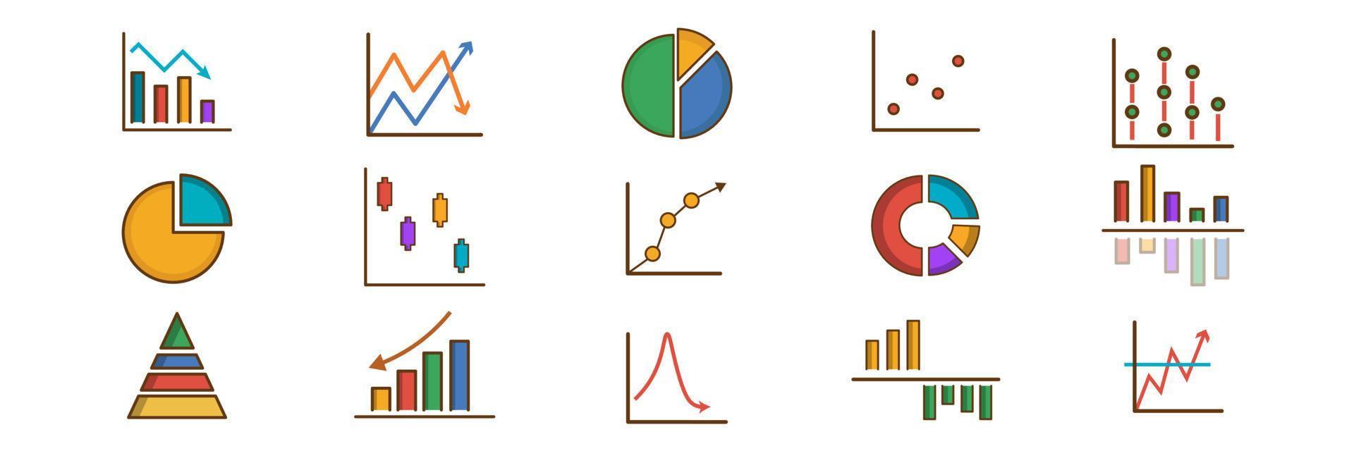 iconos de gráficos y gráficos de negocios coloridos. gráfico financiero. iconos de infografía. conjunto de iconos vectoriales aislados vector