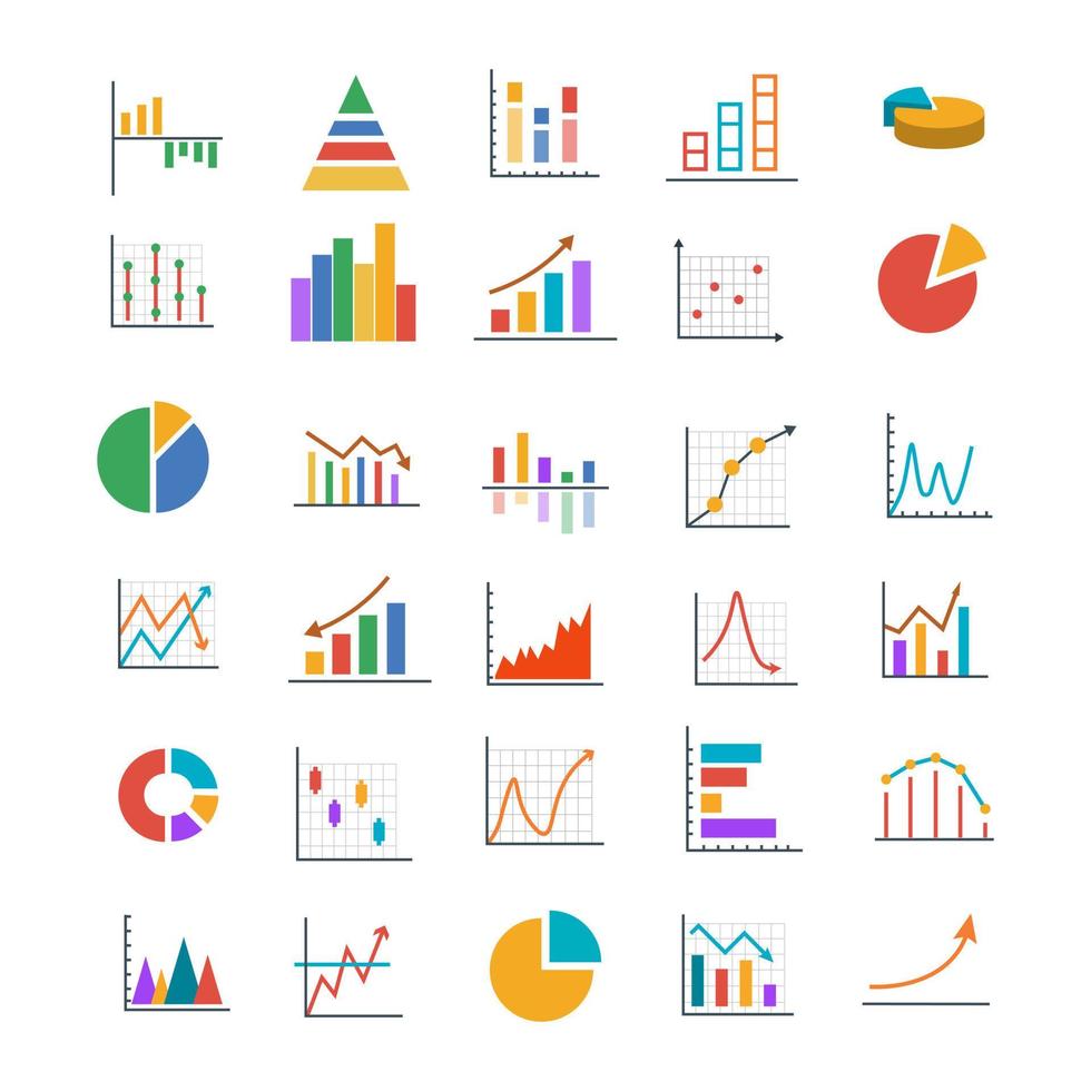 iconos de gráficos y gráficos de negocios coloridos. gráfico financiero. iconos de infografía. conjunto de iconos vectoriales aislados vector