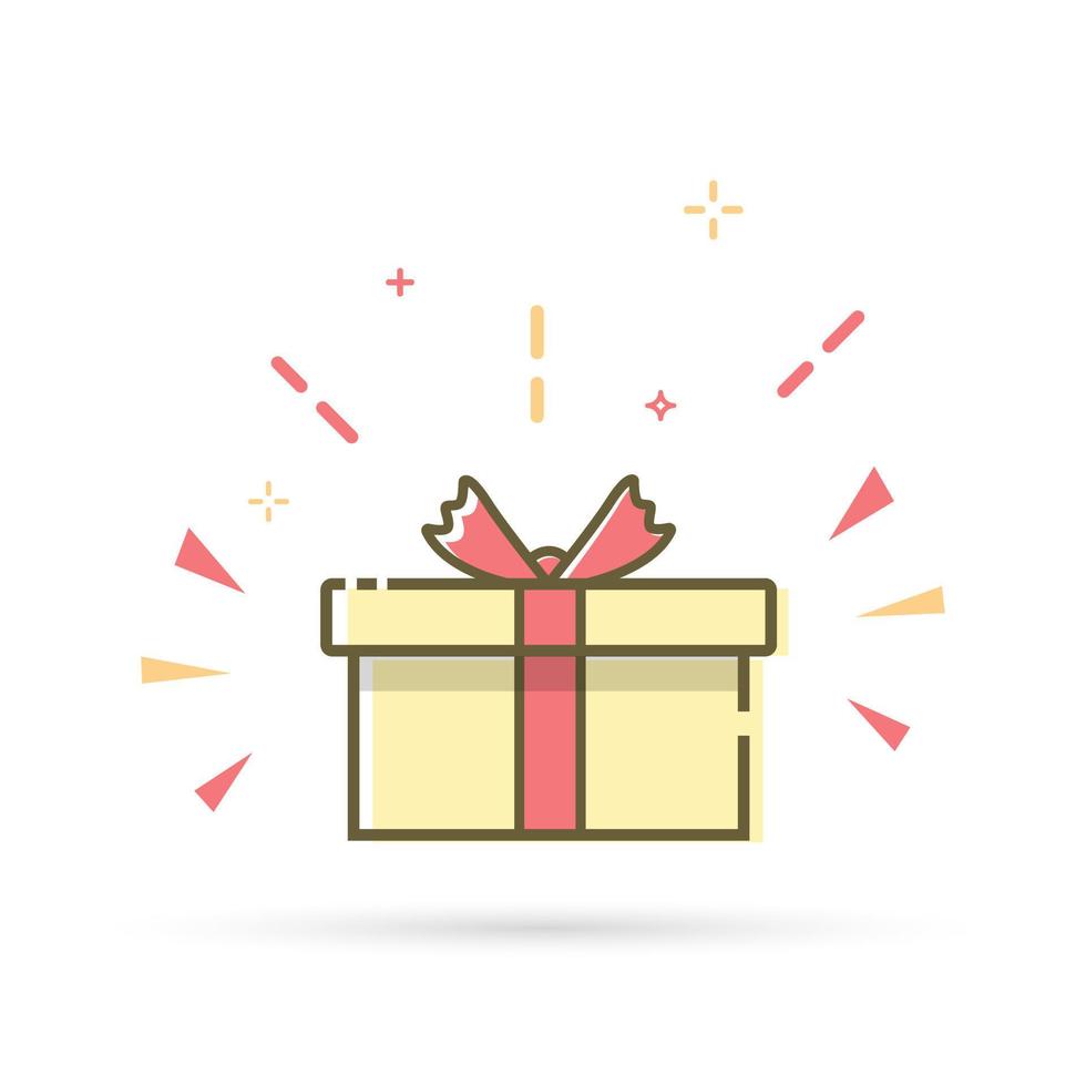 Surprise yellow color gift box. Holiday gift box tied with ribbon. Isolated vector illustration