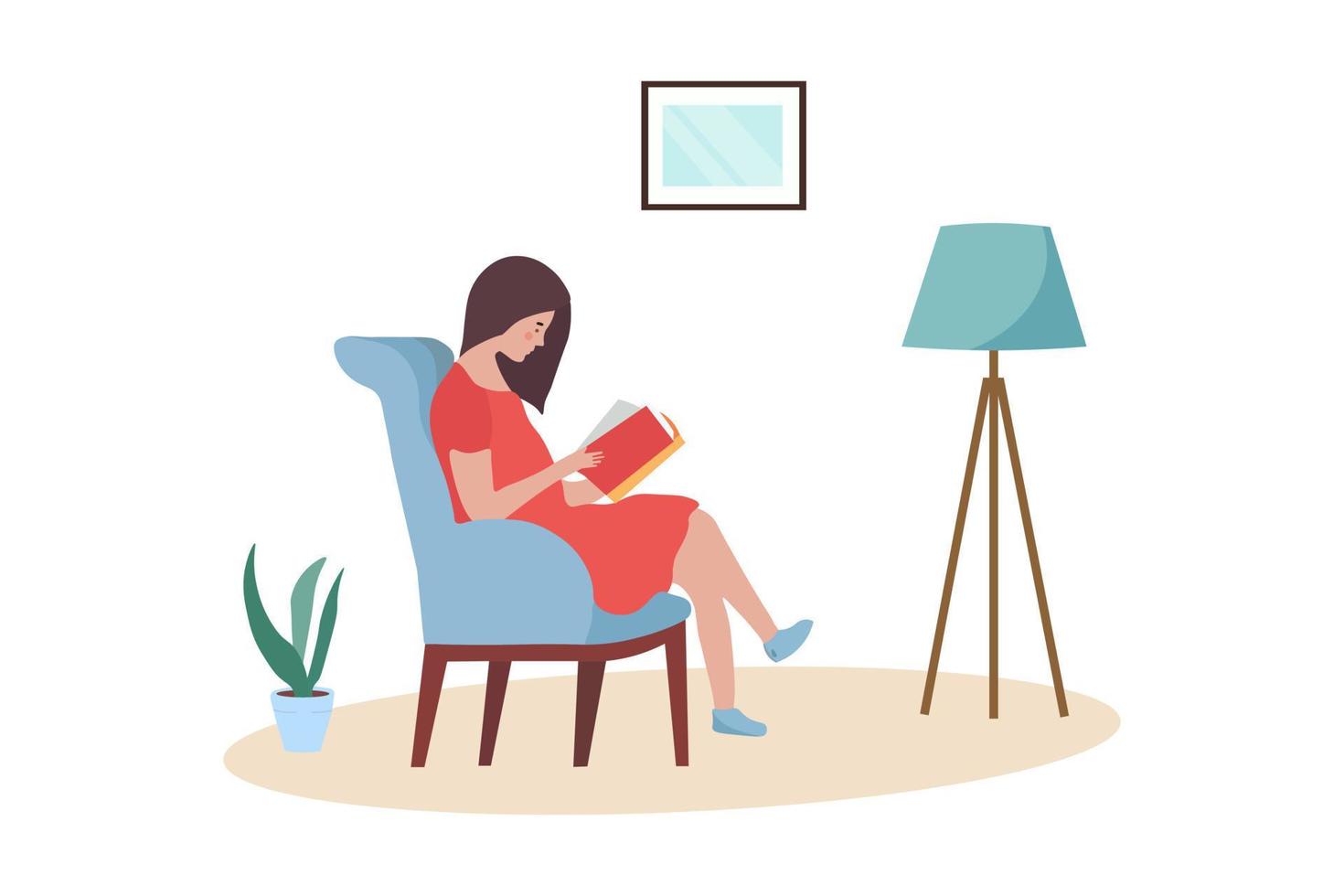 mujer joven leyendo un libro en una silla en casa. el concepto de regreso a casa, descanso y comodidad. ilustración vectorial aislada vector