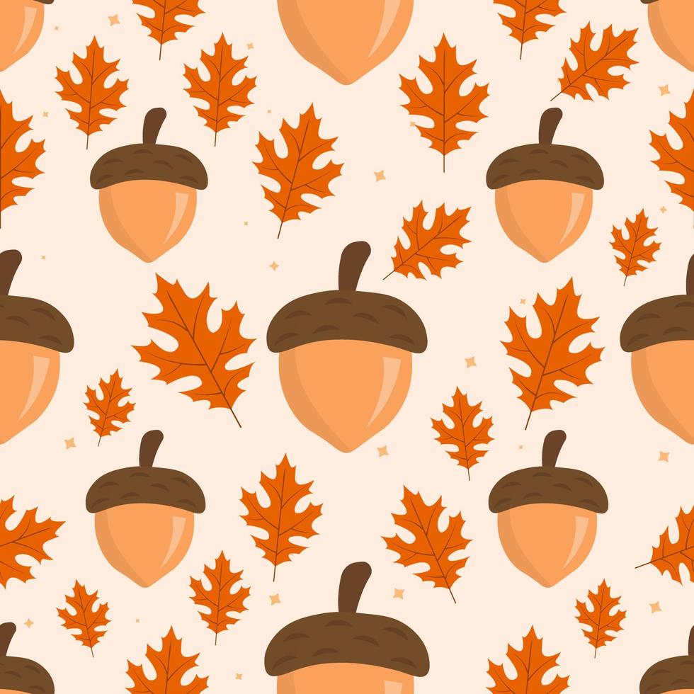 Acorn and autumn leaves seamless pattern. Vector design.