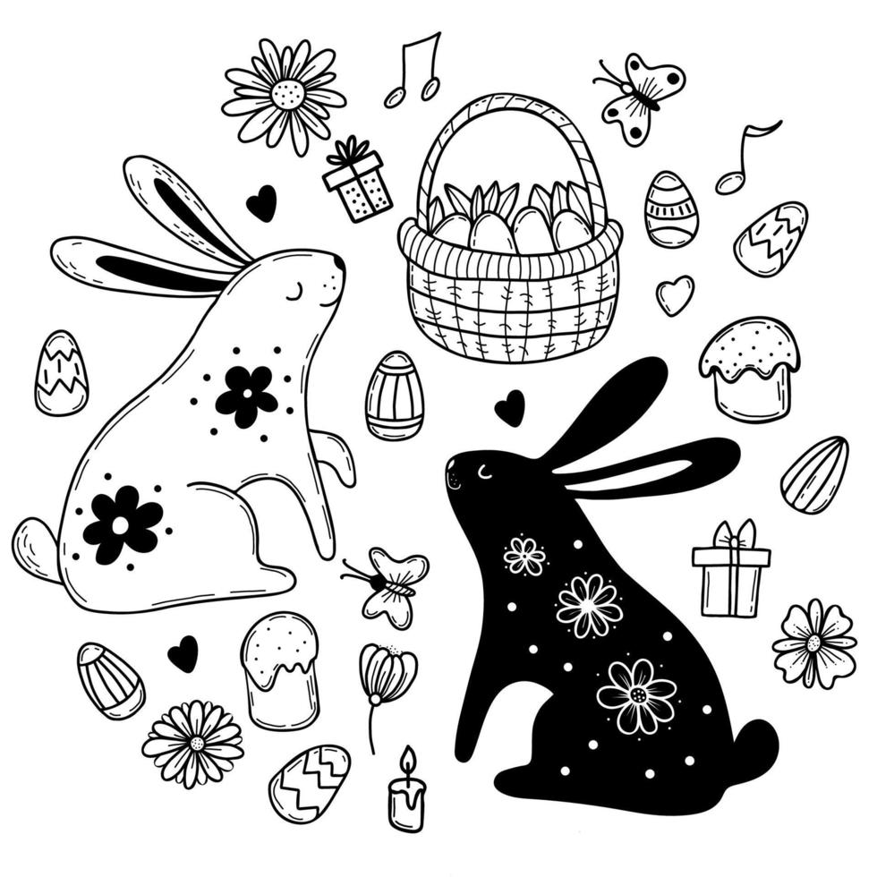 Easter set. Cute Easter bunny, Easter basket with eggs and flowers, birds, butterfly and Easter cakes. Vector illustration. Outline drawn doodle style isolated elements for design, decor, decoration