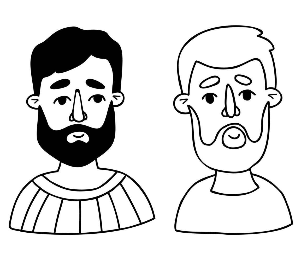 Male faces. Portrait of bearded man. Vector outline drawings doodle. Avatar faces for design, decor, social media.