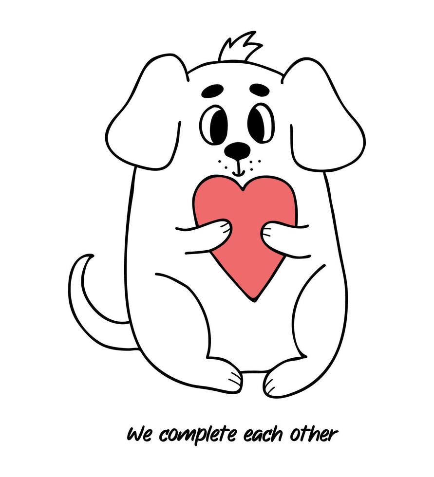perro gracioso con corazón. genial tarjeta de san valentín con inscripción nos completamos. ilustración vectorial en estilo garabato. mascota de carácter animal para el diseño. vector
