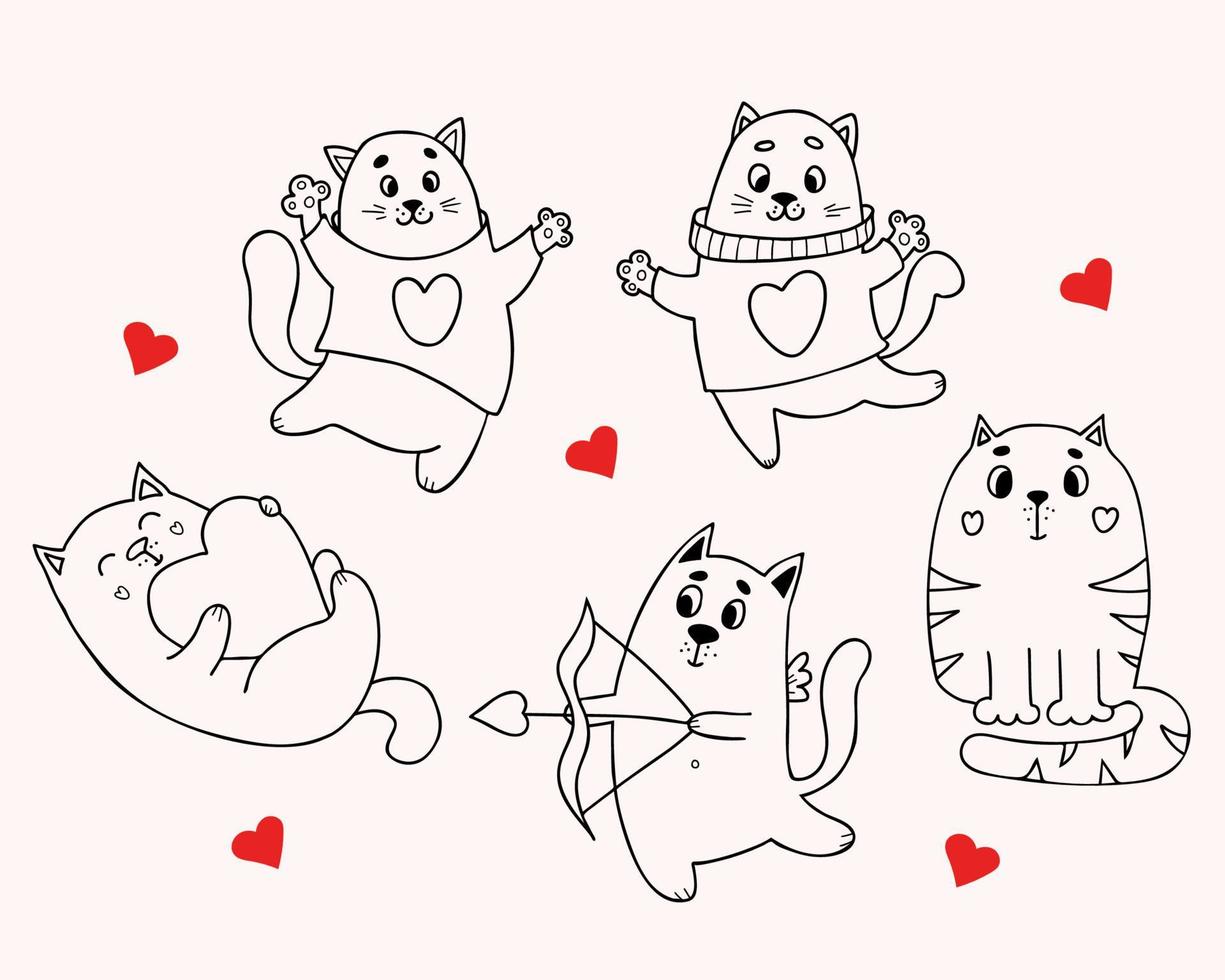 Collection funny cats in love. Cute pets with cupids heart and arrow. Vector illustration in doodle style. Isolated Outline drawings for design, decor, print, valentines card.
