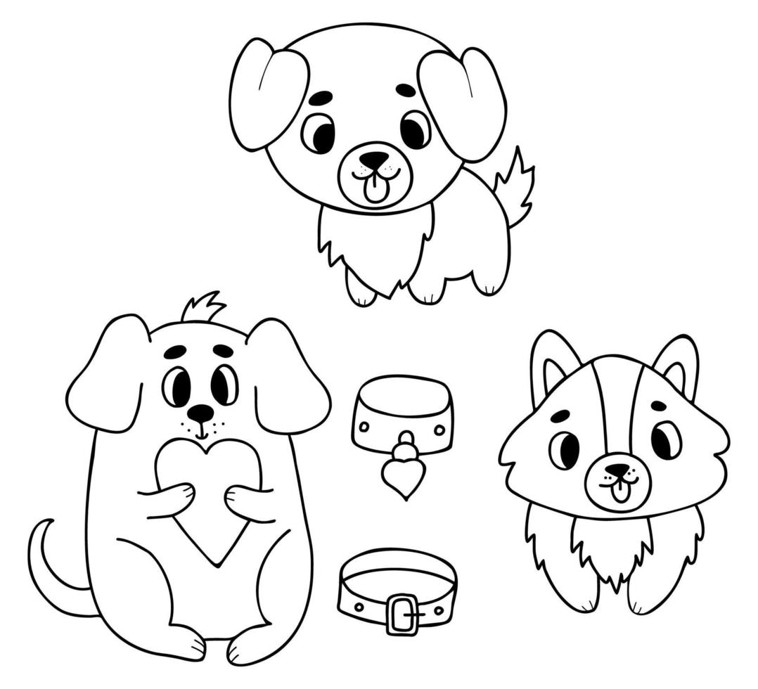 Cute pets. Dog with heart, funny puppies and collars. Vector illustration. Isolated outline drawings for design and decor.