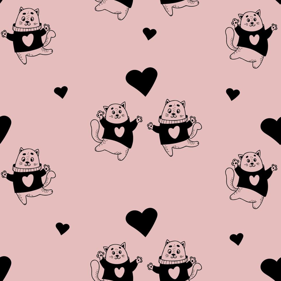 Romantic feline seamless pattern. Cute enamored cats with hearts on light pink background. Vector illustration in doodle style. Endless background for valentines, wallpapers, packaging, print.