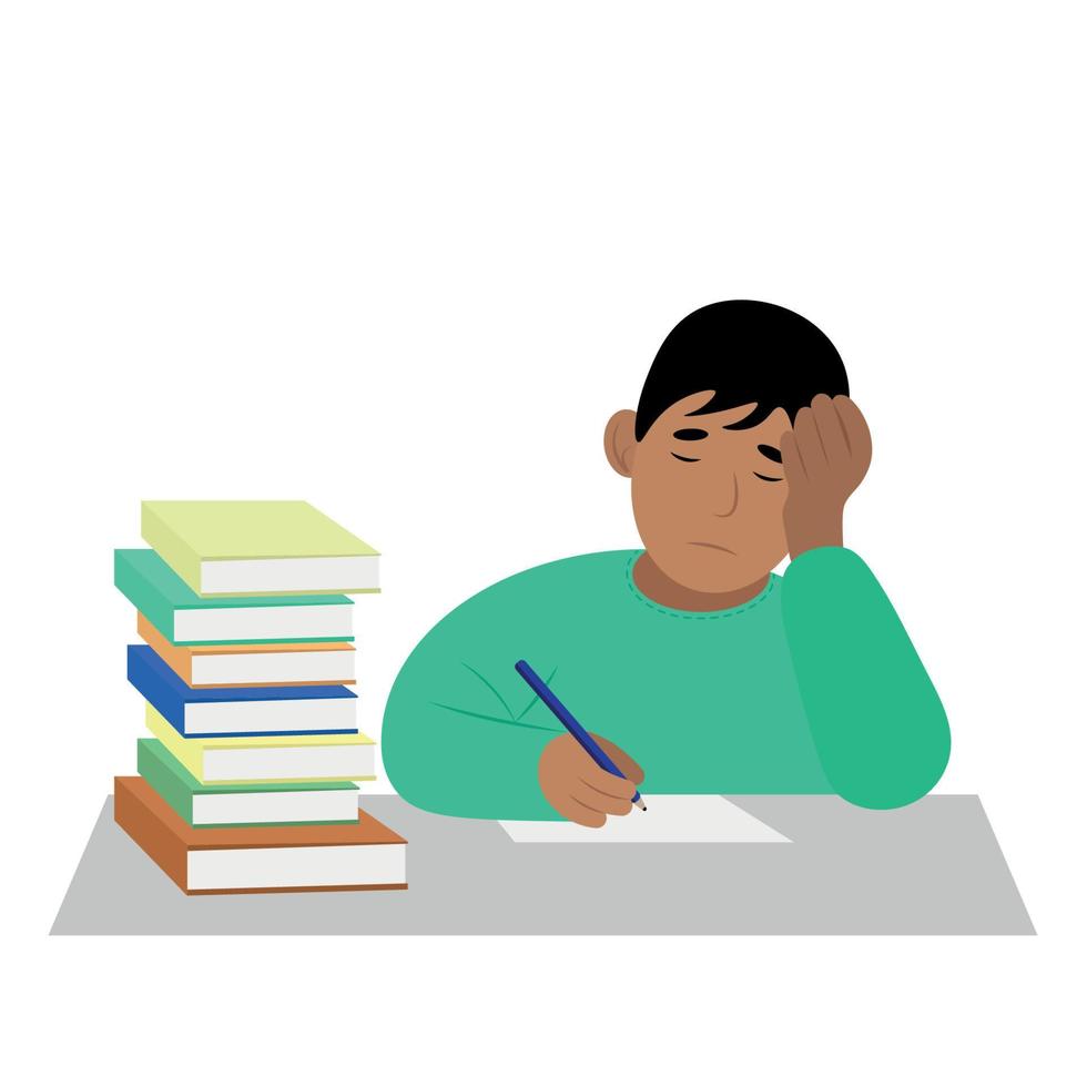 Indian sad boy sitting at the table and doing homework, flat vector, isolate on white, books vector