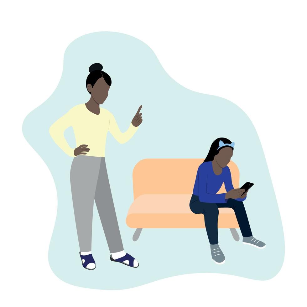 Mom scolds her daughter, who is sitting on the sofa with a phone in her hands, raising teenagers, flat vector, isolate on white, people with dark skin vector