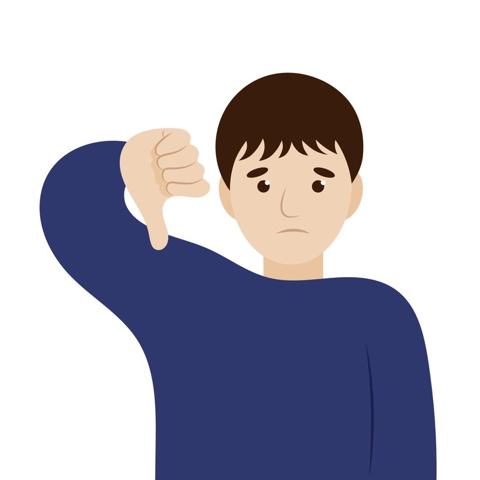 Portrait of a cartoon boy showing thumb down, dislike, flat vector, isolate on white vector