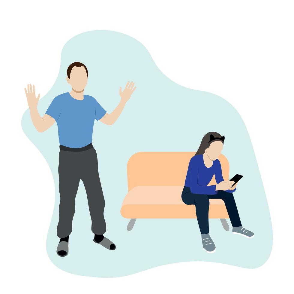 Dad scolds his daughter who is sitting on the sofa with a phone in her hands, parenting teenagers, flat vector, isolate on white vector