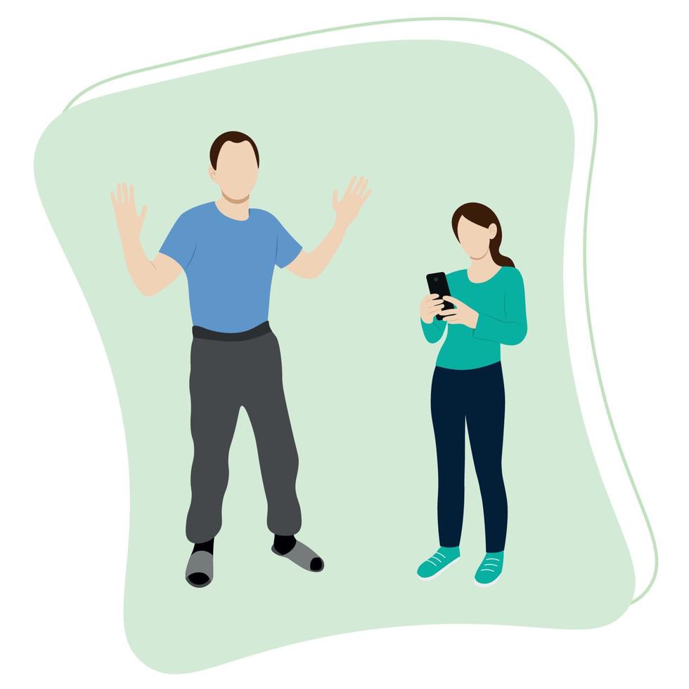 Dad scolds his daughter, who is standing next to the phone in her hands, parenting teenagers, flat vector, isolate on white vector