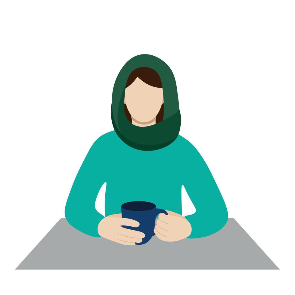 Portrait of a girl in a headscarf with a cup in her hands at the table, flat vector, isolated on white, faceless illustration, muslim woman vector