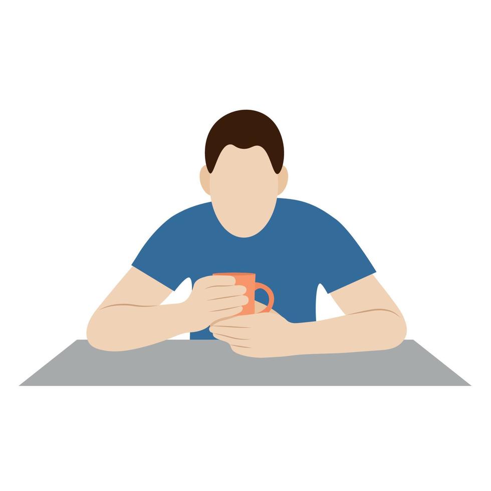 retrato de un hombre en la mesa con una taza en las manos, vector plano, aislado en blanco, ilustración sin rostro