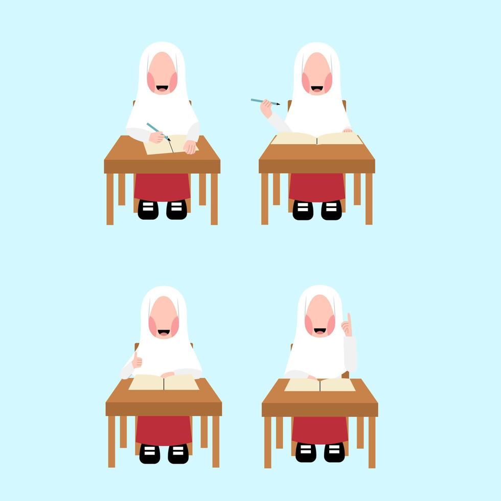 conjunto de personajes de estudiantes de primaria hiyab indonesio vector