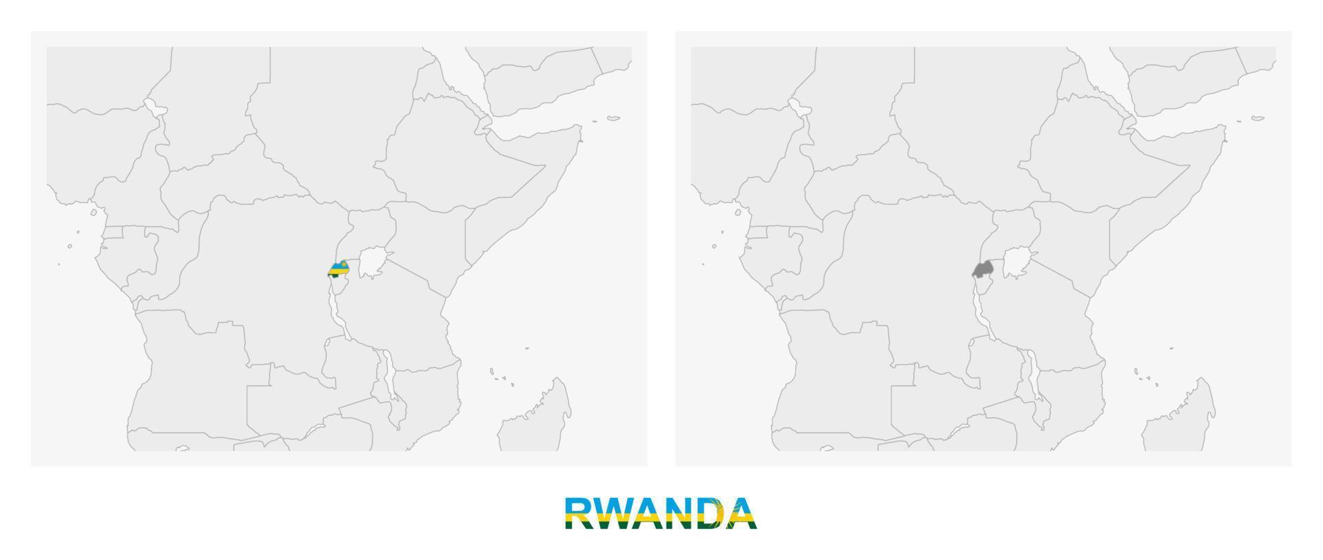 Two versions of the map of Rwanda, with the flag of Rwanda and highlighted in dark grey. vector