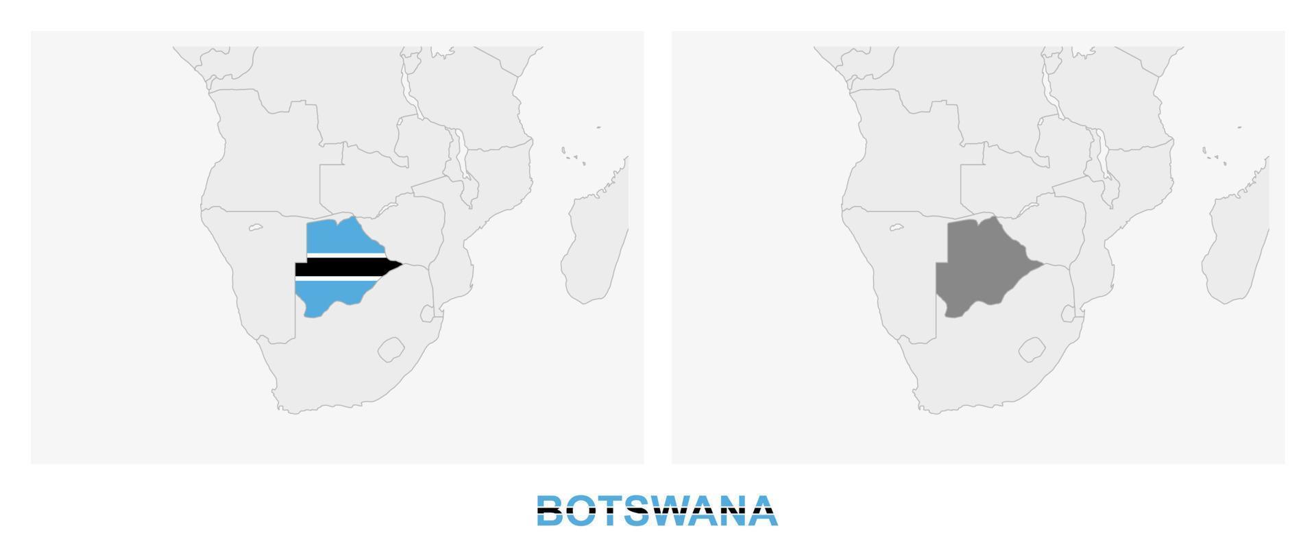 Two versions of the map of Botswana, with the flag of Botswana and highlighted in dark grey. vector