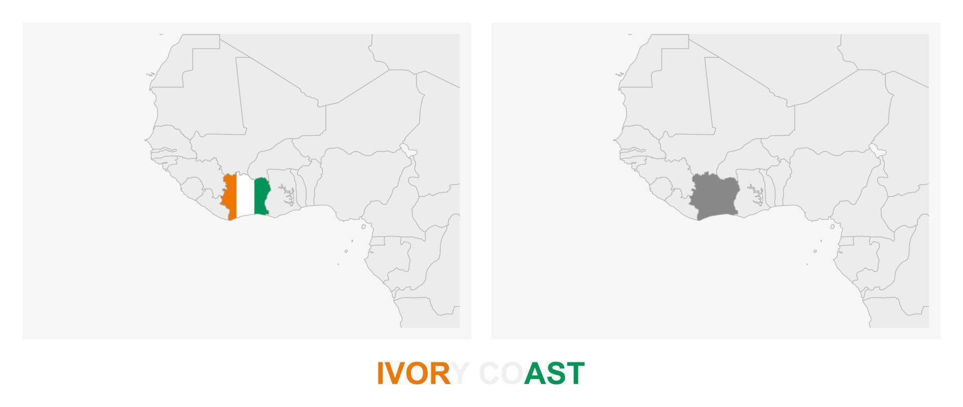 dos versiones del mapa de costa de marfil, con la bandera de costa de marfil y resaltada en gris oscuro. vector