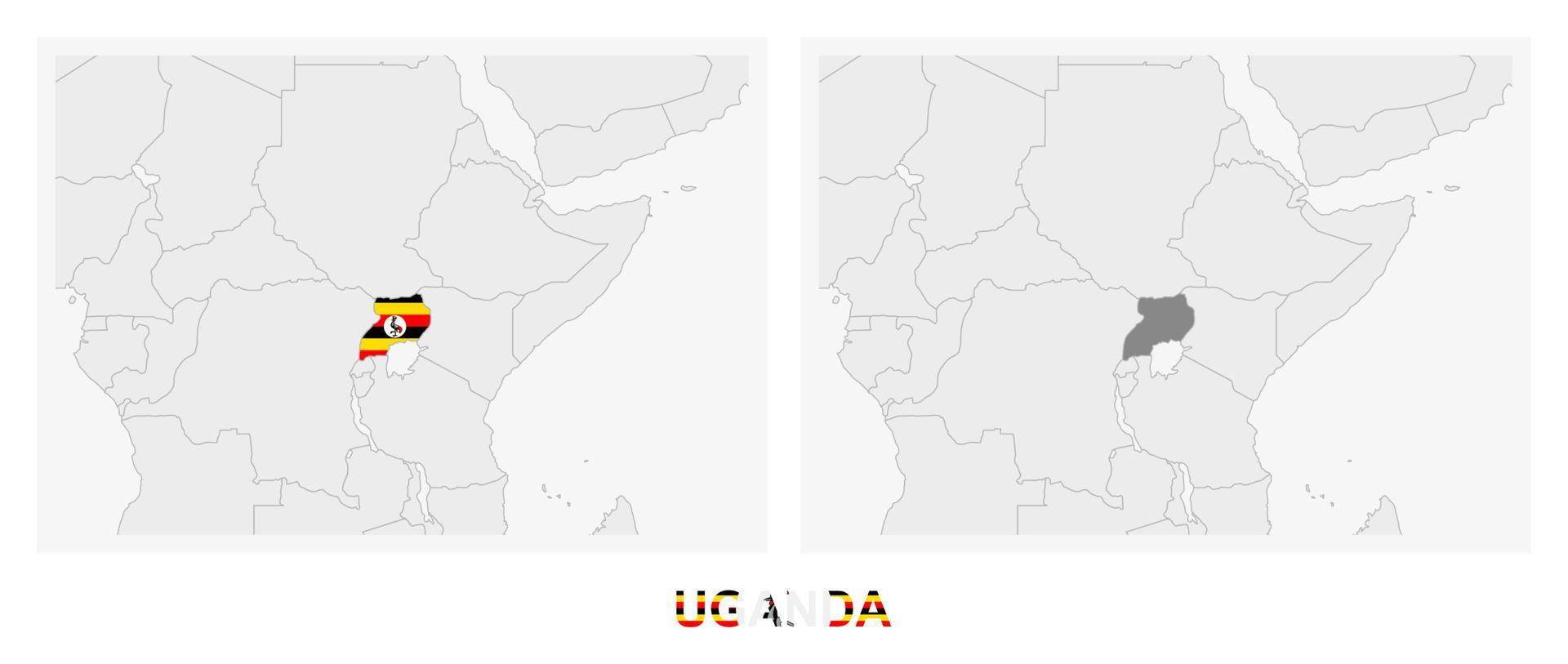 Two versions of the map of Uganda, with the flag of Uganda and highlighted in dark grey. vector