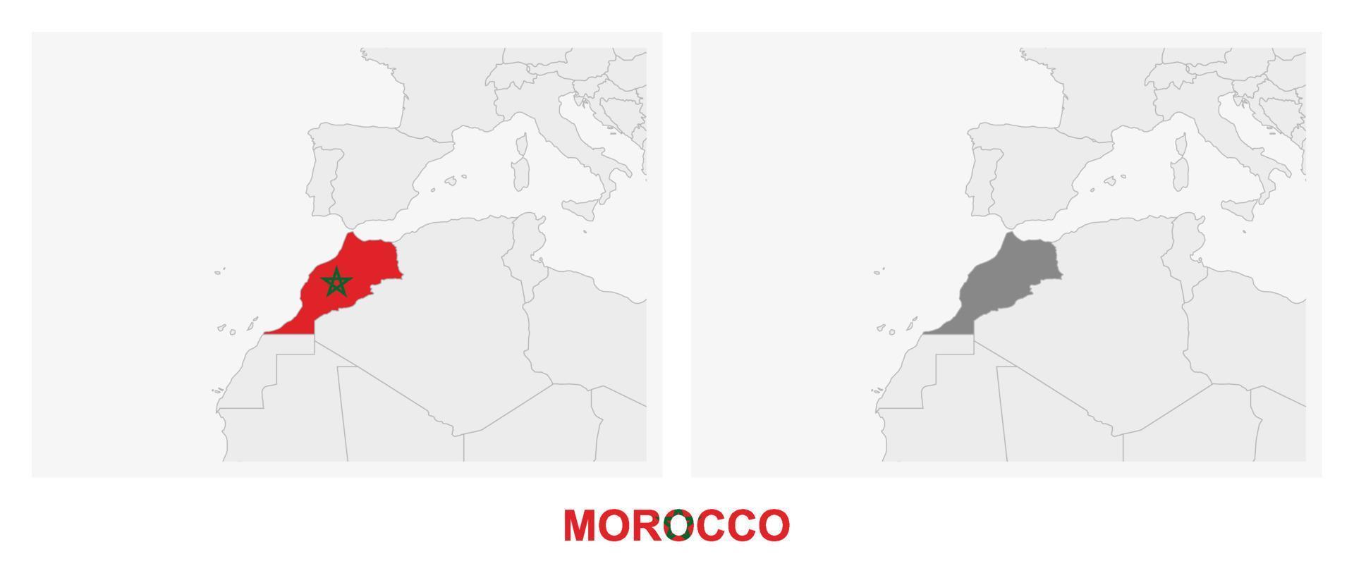 dos versiones del mapa de marruecos, con la bandera de marruecos y resaltada en gris oscuro. vector