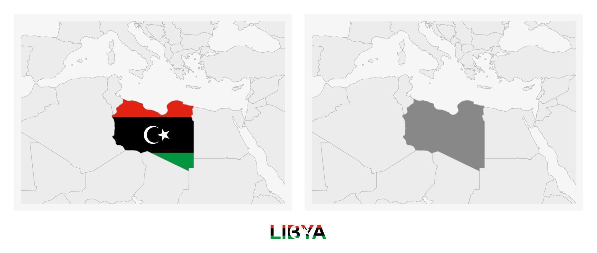 Two versions of the map of Libya, with the flag of Libya and highlighted in dark grey. vector